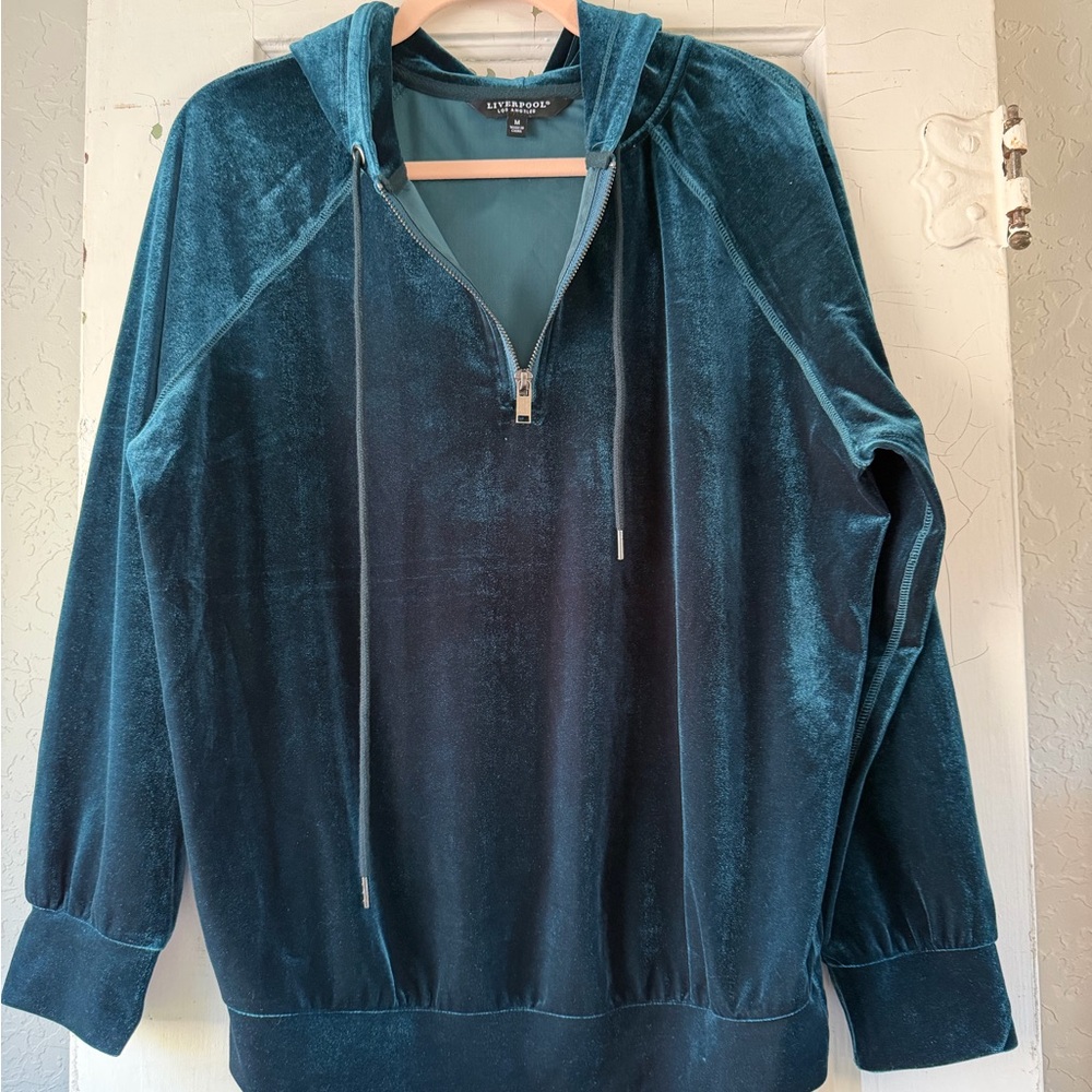 Liverpool Los Angeles Teal Velour 1/4 Zip‎ Hoodie Pullover Size M